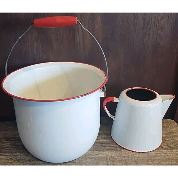 Vintage Enamelware White w/ Red Trim Large Pot Handle And Coffee Tea Pot